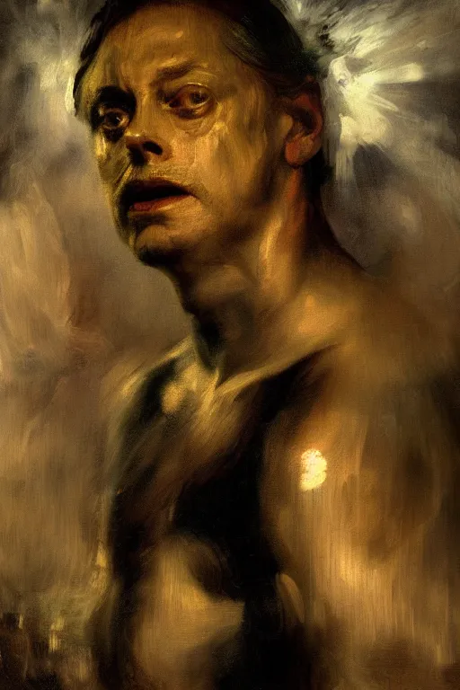 Image similar to beautiful detailed expressive impressionistic oil painting portrait of ancient roman god emperor steve buscemi levitating, ascending into the dark wearing the civic crown, renaissance painting, black background, art by anders zorn, wonderful masterpiece by greg rutkowski, expressive brush strokes, beautiful cinematic light, american romanticism by greg manchess, jessica rossier