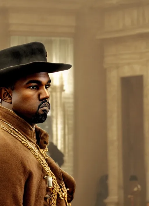 Prompt: portrait kanye west as emperor napoleon in django unchained, splash art, movie still, cinematic lighting, long lens, shallow depth of field, bokeh, anamorphic lens flare, 8 k, hyper detailed, 3 5 mm film grain