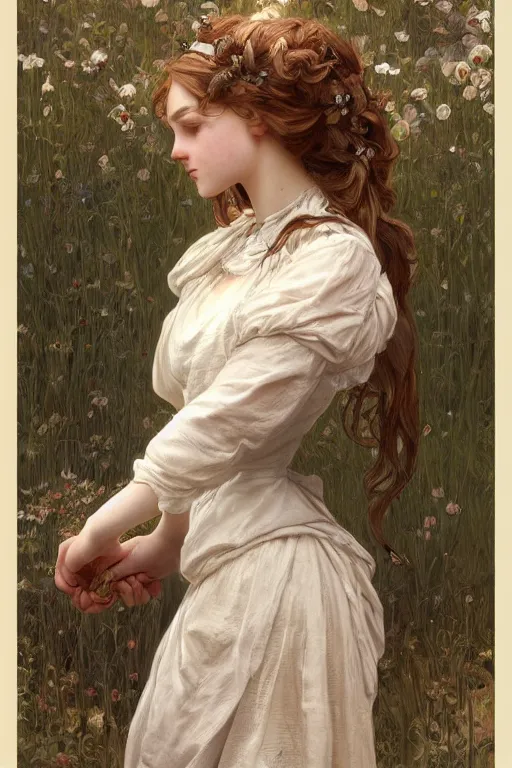 Image similar to beautiful cottagecore young peasant maiden, intricate, elegant, highly detailed, digital painting, artstation, concept art, smooth, sharp focus, illustration, art by artgerm and greg rutkowski and alphonse mucha