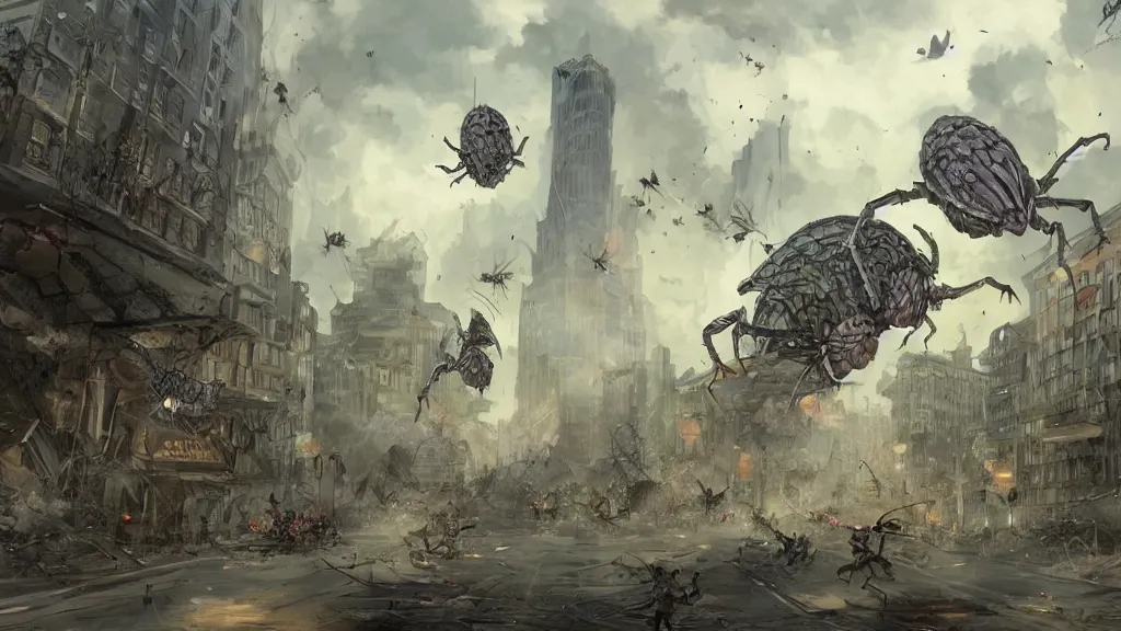 Image similar to concept art of giant bugs destroying a city