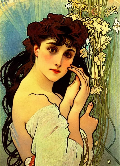 Image similar to a portrait of a pretty young lady by alphonse mucha