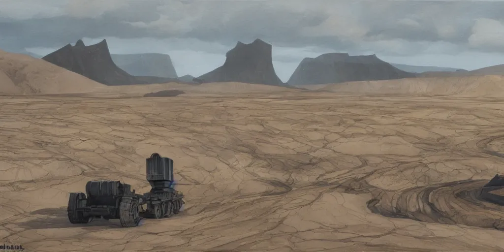 Prompt: barren icelandic landscape, dark gravel, huge abandoned mining equipment, style of ralph mcquarrie