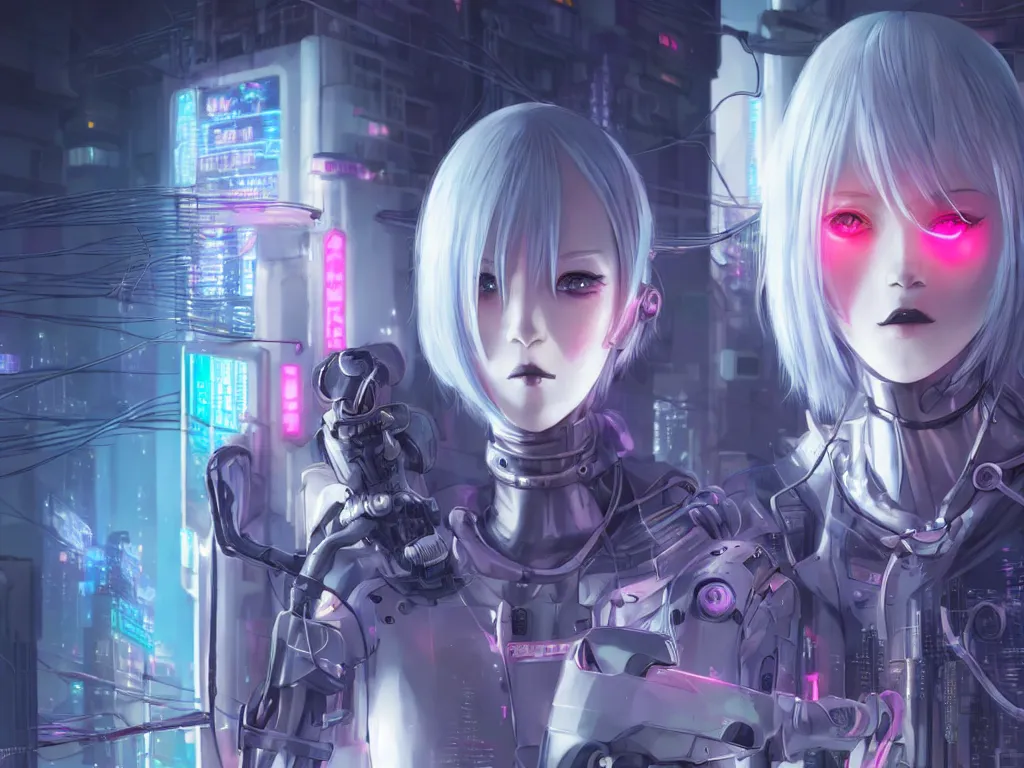 Image similar to portrait grey hair anime visual futuristic female cyber police, on cyberpunk neon light tokyo rooftop, ssci - fi and fantasy, intricate and very beautiful, human structure, concept art, sharp focus, anime by simon stalenhag and rossdraws and magali villeneuve and liya nikorov and luxearte, frostine engine