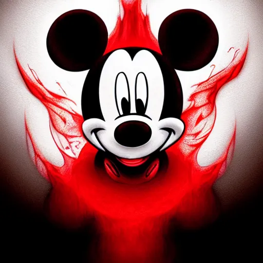 Image similar to Portrait of an evil looking Mickey Mouse, red flames in eyes, fantasy, D&D, horror, creepy, twisted, intricate, highly detailed, digital painting, trending on artstation, sharp focus, illustration, style of Stanley Artgerm