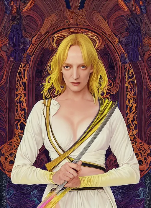 Prompt: uma thurman in kill bill, rococo and art nouveau fusion, iridescent diaphanous refractive and reflective katana, yelliw jumpsuit, highly detailed, deep focus, elegant, digital painting, smooth, sharp focus, illustration, ultra realistic, 8 k, art by artgerm and alphonse mucha