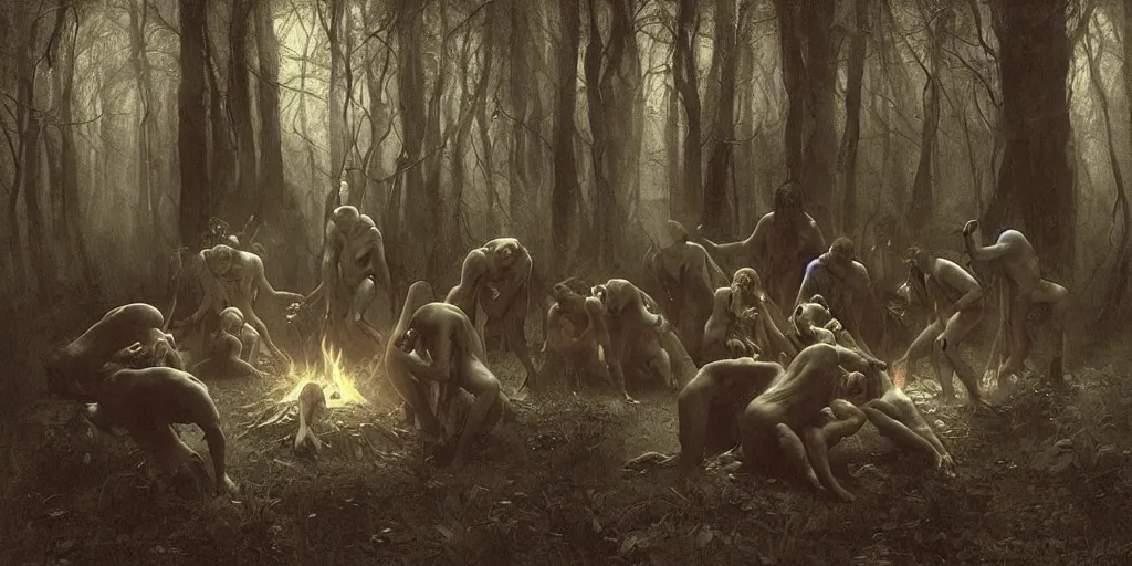 Prompt: occultist satanic cult of several people circling a pentagram of fire, in the center there is a powerful demon entity, in the woods, ominous, creepy, terrifying, nightmare, hellish, art by artem demura, william bouguereau, leonardo davinci, salvador dali, anton semenov, ross tran