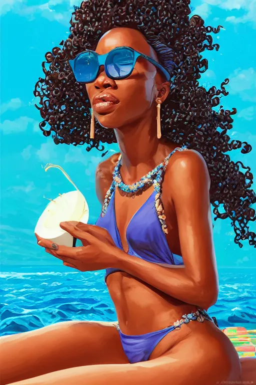 Prompt: a highly detailed beautiful portrait of Black women in the Caribbean wearing aquamarine bikini and shades, full glossy lips, drinking out of a coconut highly detailed, behance hd by Jesper Ejsing, by RHADS, Makoto Shinkaih and Lois van baarle, ilya kuvshinov, rossdraws global illumination, cinematic , hyper-reslistic, depth of field, coherent, high definition, 8k resolution octane renderer, artstation