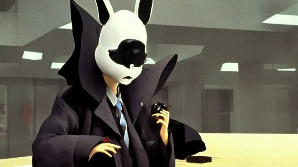Image similar to a man in a trench coat wearing a black rabbit mask in a luxury mega corporation office , film still from the an anime directed by Katsuhiro Otomo with art direction by Salvador Dalí, wide lens