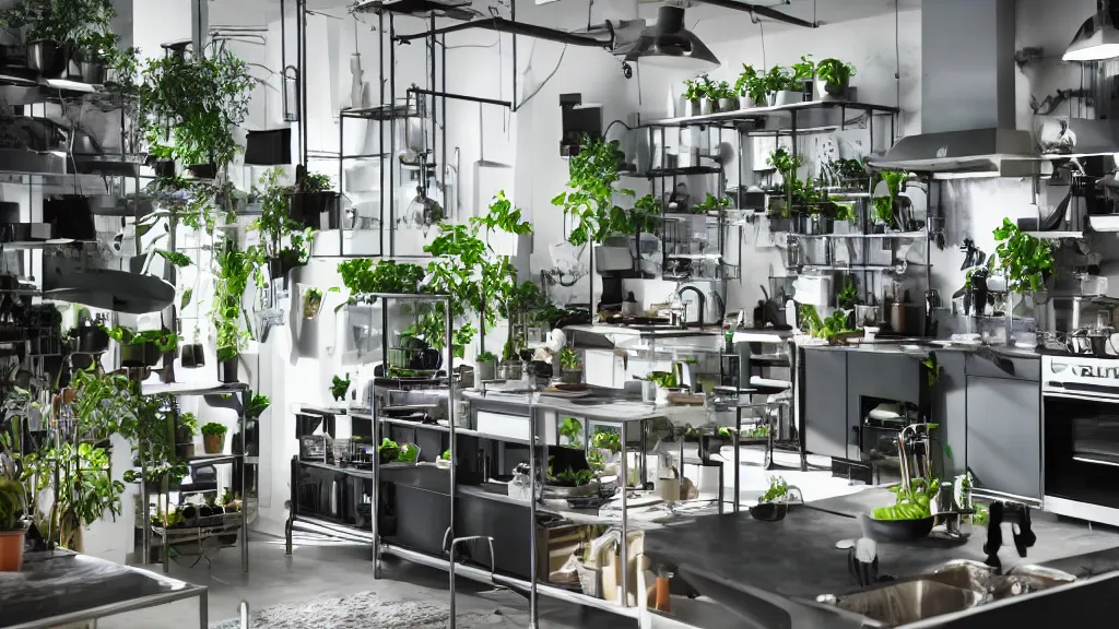 Image similar to Ikea catalogue photo, high end technological cyberpunk house style kitchen, intricate statues, various lush plant life, iridescent flooring, riveted steel furniture