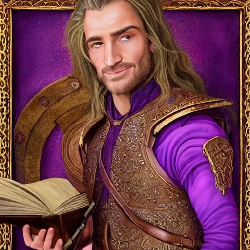 Image similar to d & d realistic painting portrait of a cheerful half elf male bard wearing a ornate purple leather armor. medium length brown hair, well groomed with brown eyes. clean shaven. holding a leather bound book open and writing in it with a fountain pen. sitting at a tavern table. hyper detailed