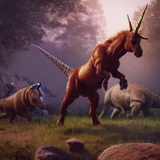 Prompt: a hyper real comic book style portait painting of an unicorn in the stone age with dinosaurs, unreal 5, hyperrealistic, octane render, cosplay, rpg portrait, dynamic lighting