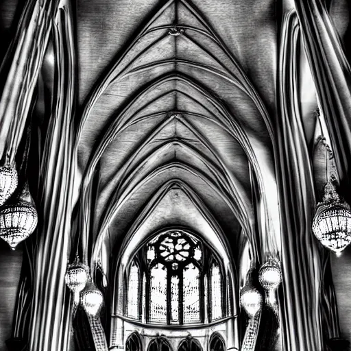 Prompt: a art nouveau cathedral, hd, black and white photograph,