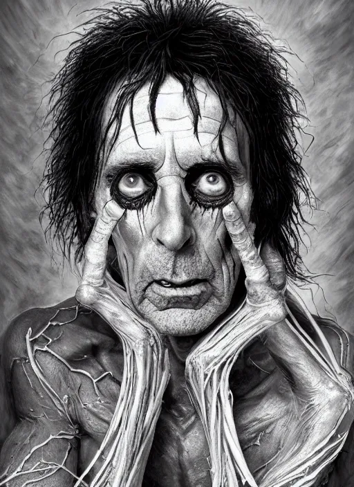 Prompt: portrait of alice cooper with translucent skin, visible muscles and veins and arteries and bones and spines and nerves, beautiful detailed intricate insanely detailed octane render, 8 k artistic photography, photorealistic, chiaroscuro, by david cronenberg, raphael, caravaggio