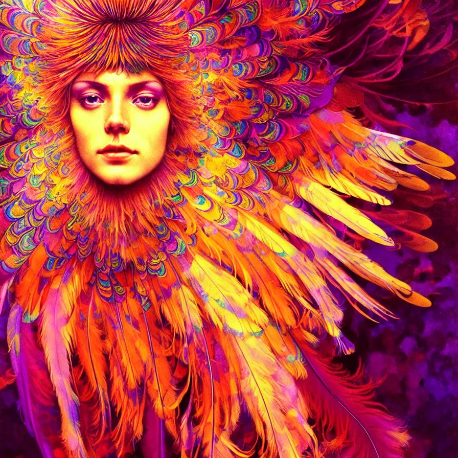 Image similar to face of innocent psychedelic transcendent feather mind bending psychedelic wings of glossy liquid honey flowing like kaleidoscopic translucent holograph, lsd feathers, feathery fluff, enlightenment, high contrast dappled lighting, refracted sunset, highly detailed, concept art, art by collier, albert aublet, krenz cushart, artem demura, alphonse mucha