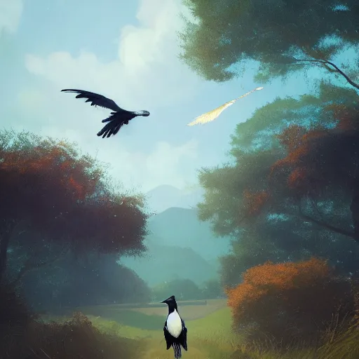 Image similar to magpie bird, urraca in avila, green fields, fall season, 4 k, concept art, by wlop, ilya kuvshinov, artgerm, krenz cushart, greg rutkowski, pixiv. cinematic dramatic atmosphere, sharp focus, volumetric lighting, cinematic lighting, studio quality
