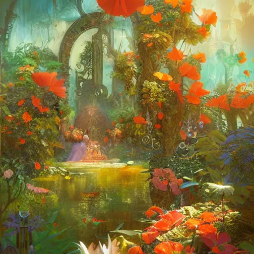 Prompt: dreamlike zelda garden fantasycore , glossy painting, Art Nouveau Cosmic 4k Detailed Matte Illustration featured on Getty Images ,CGSociety, Jade and Carrot orange color scheme, Pastiche by Marc Simonetti, Pastiche by Cedric Peyravernay