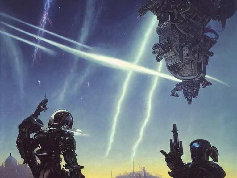 Image similar to a detailed profile painting of a bounty hunter in armour and visor, cinematic sci-fi poster. Spaceship high in the background. Flight suit, anatomy portrait symmetrical and science fiction theme with lightning, aurora lighting clouds and stars. Clean and minimal design by beksinski carl spitzweg and tuomas korpi. baroque elements. baroque element. intricate artwork by caravaggio. Oil painting. Trending on artstation. 8k