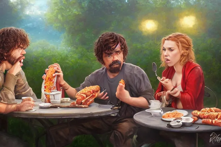 Image similar to portrait of peter dinklage sharing hotdogs with scarlett johansson, an oil painting by ross tran and thomas kincade