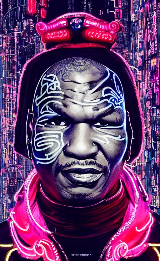 Prompt: detailed portrait Mike Tyson Neon Operator, cyberpunk futuristic neon, reflective puffy coat, decorated with traditional Japanese ornaments by Ismail inceoglu dragan bibin hans thoma !dream detailed portrait Neon Operator Girl, cyberpunk futuristic neon, reflective puffy coat, decorated with traditional Japanese ornaments by Ismail inceoglu dragan bibin hans thoma greg rutkowski Alexandros Pyromallis Nekro Rene Maritte Illustrated, Perfect face, fine details, realistic shaded, fine-face, pretty face