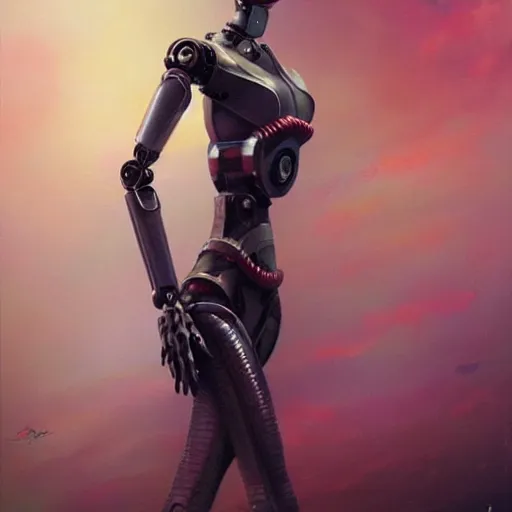 Prompt: a beautiful female robot, elegant pose, by Anato Finnstark, Tom Bagshaw, Brom