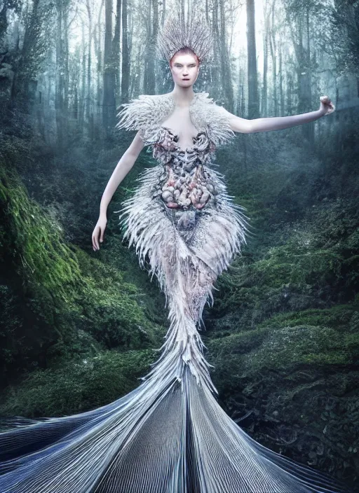 Image similar to a beautiful hyperrealistic ultradetailed 3D, one girl in a magnificent McQueen couture clothes on the background of a futuristic forest, Designer clothes, futuristic clothes, clothes from the future, biopunk, voge photo, fashion style, fullbody, in full growth, photorealistic, high resolution, trending on artstation, highly detailed, volumetric lighting, elegant, details, good clear quality, volumetric lighting,