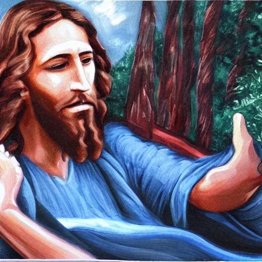 Image similar to painting of jesus christ driving a car