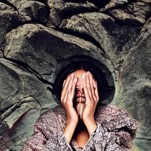 Image similar to Woman sitting under a ginormous rock overhead, partially cupping her hands, gesturing it outward!!!!! to the camera!!!!!, in a rainy environment, fisheye!!!!! lens!!!!!, rainy and wet atmosphere, closeup, dark and grim lighting, trending on artstation, 4k, 8k