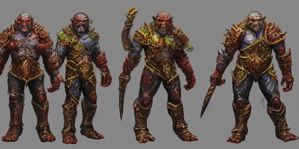 Prompt: different views of orcs in armour, colourful intricate! concept art by senior character artist, trending on artstation, artstation hd, full body character render