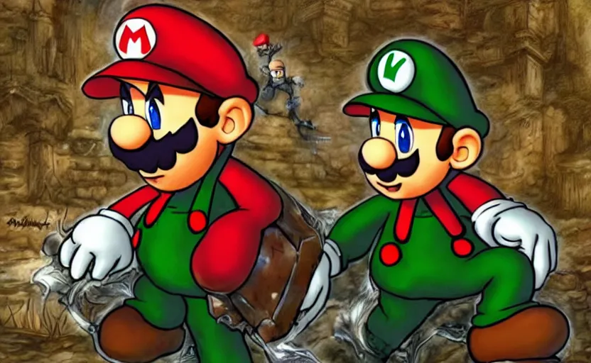 Prompt: mario and luigi as dark souls bosses, eldritch art, gothic medieval boss, epic battle, dual fight, cinematic art, character portrait, boss encounter, dangerous, fallen mushroom kingdom, castle ruins and demented goombas