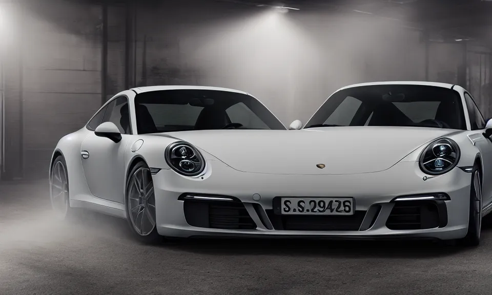 Image similar to photo of a porsche 911 standing in a garage with its headlights turned on, mist, volumetric light, 4k