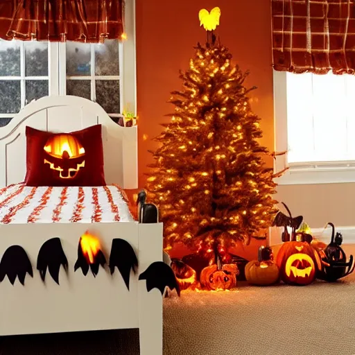 Image similar to homemade maple moth halloween themed christmas bedroom ideas, high resolution, creative, visually appealling