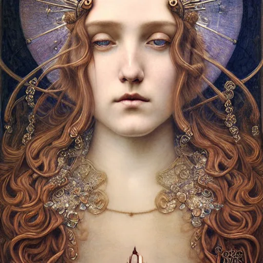 Prompt: detailed realistic beautiful young medieval queen face portrait by jean delville, tom bagshaw, brooke shaden, gustave dore and marco mazzoni, art nouveau, symbolist, visionary, gothic, pre - raphaelite, ornate gilded medieval icon, surreality, ethereal, unearthly, haunting, celestial, neo - gothic, ghostly