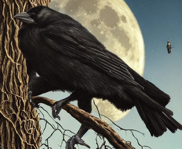 Prompt: a hyper-detailed movie poster, , close-up portrait of a crow flying above a tree in front of the full big moon; an extraordinary masterpiece!!!; flawless; proud posture; photorealistic eyes; trending on artstation; f/1.4; 90mm