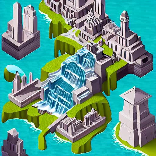 Image similar to isometric fantasy art of a giant waterfall city with tall skybridges and turrets, bold colors, detailed