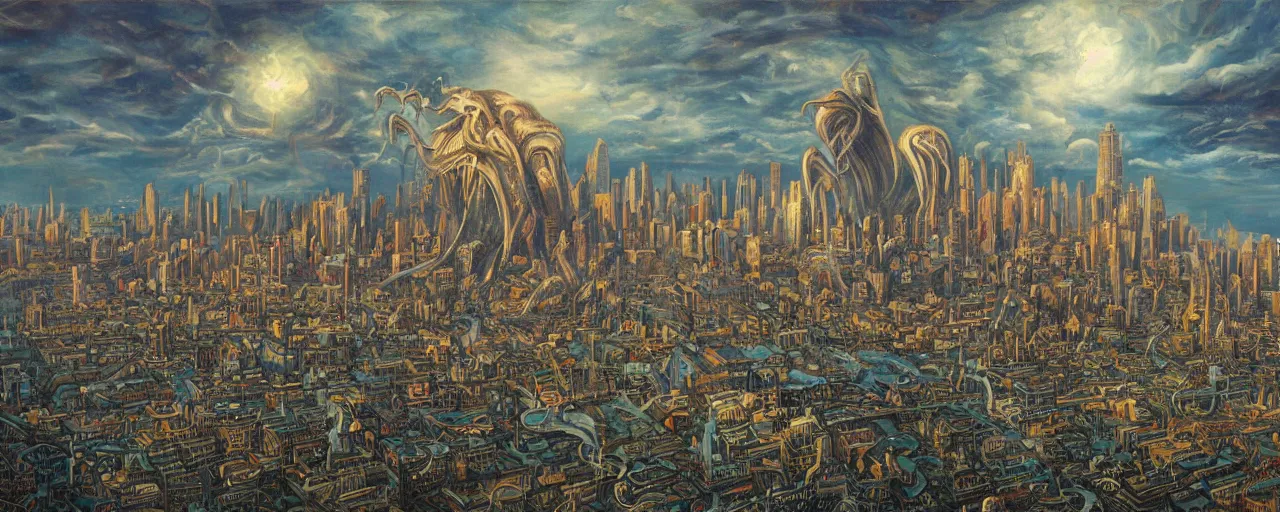 Image similar to Cthulhu rising in the sky above city, Christensen James C