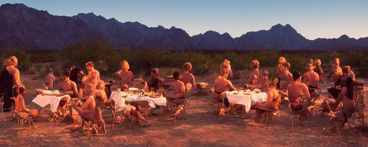 Prompt: group at a natural hot springs eating spaghetti, desert, sunset, kodachrome, in the style of wes anderson