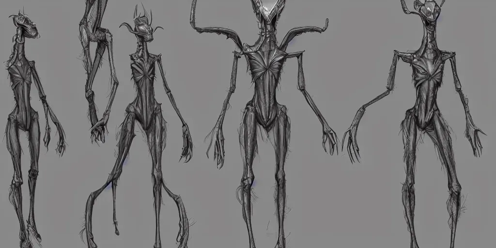 Prompt: a humanoid mantis alien creature, character design sheet, detailed concept art by fortiche