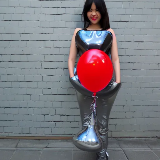 Image similar to chrome girl holding chrome balloon:: wide angle:: full body shot