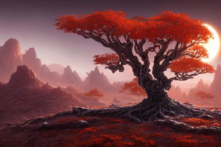 Image similar to cinematic fantasy landscape painting by jessica rossier, primordial and cosmic, desert valley of bones, an eclipse, over an autumn maple bonsai growing alone that is yggdrasil, on a desolate sand dune hr giger