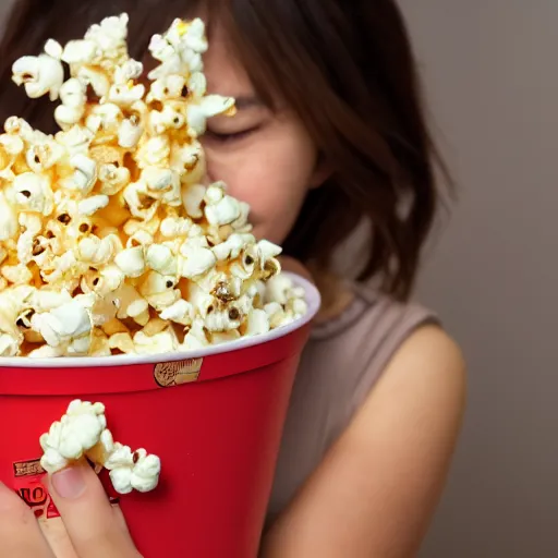 Prompt: photo of a hamster eating popcorn from a bucket of popcorn, various poses, unedited, soft light, sharp focus, 8 k