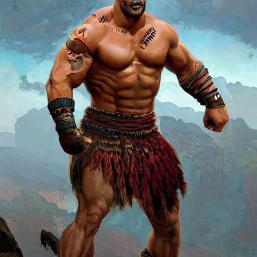 Image similar to Dwayne Johnson as Kratos, highly detailed, digital painting, artstation, concept art, smooth, sharp focus, illustration, ArtStation, art by artgerm and greg rutkowski and alphonse mucha and J. C. Leyendecker and Edmund Blair Leighton and Katsuhiro Otomo and Geof Darrow and Phil hale and Ashley wood and Ilya repin and Charlie Bowater