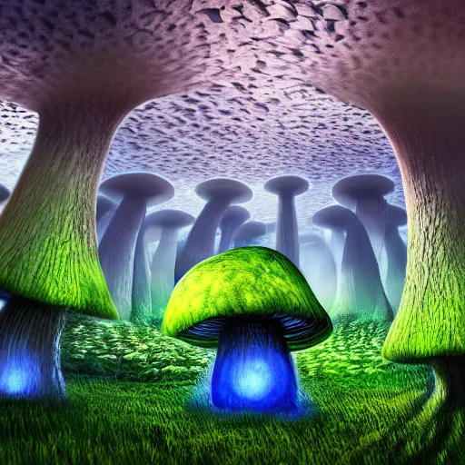 Image similar to giant mushroom forest, glowing green and blue, glowing eyes, tendrils