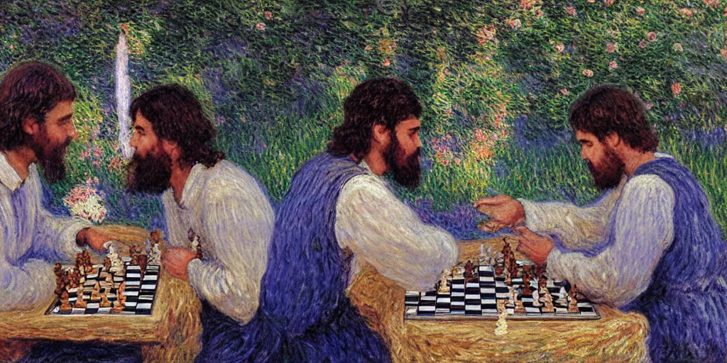 Image similar to jesus and magnus carlsen playing chess in heaven by monet