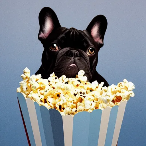 Image similar to french bulldog eating popcorn, in the style of tomma abts