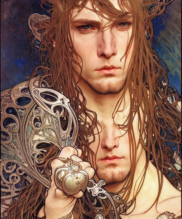 Prompt: realistic detailed face portrait of a rugged handsome wizard in ornate leather armor by alphonse mucha, ayami kojima, amano, greg hildebrandt, and mark brooks, male, masculine, art nouveau, neo - gothic, gothic, character concept design