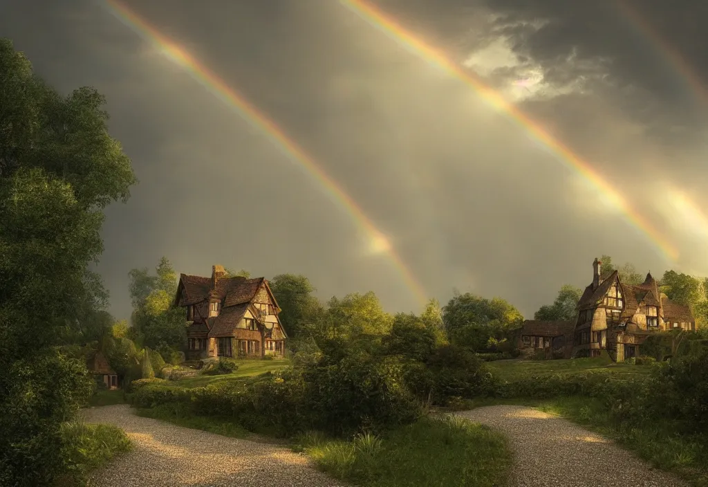 Image similar to a tudor house on a hillside, a gravel path leading towards it, well lit sky, sun shower, rainbow, cinematic view, detailed architecture, concept art, high detail, well lit, volumetric, godrays, vivid, trending on artstation,