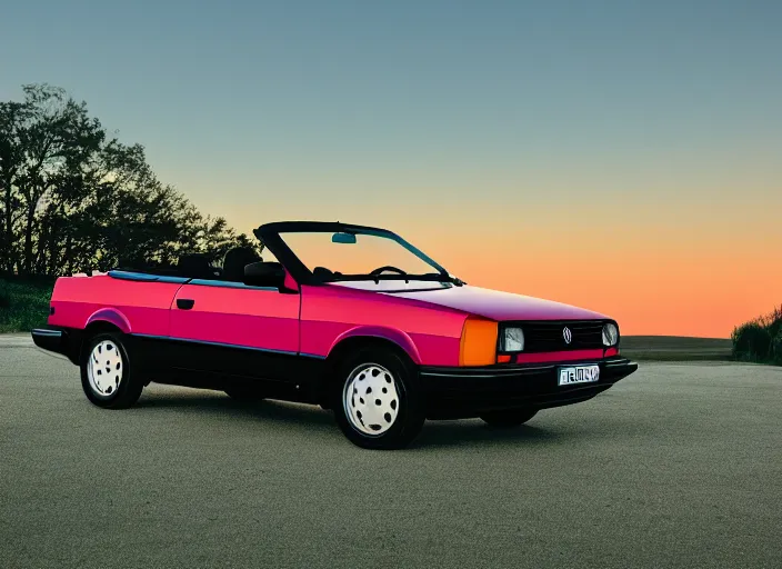 Image similar to color photo of a volkswagen golf cabriolet the 8 0's. gradient sky in the background. new wave style