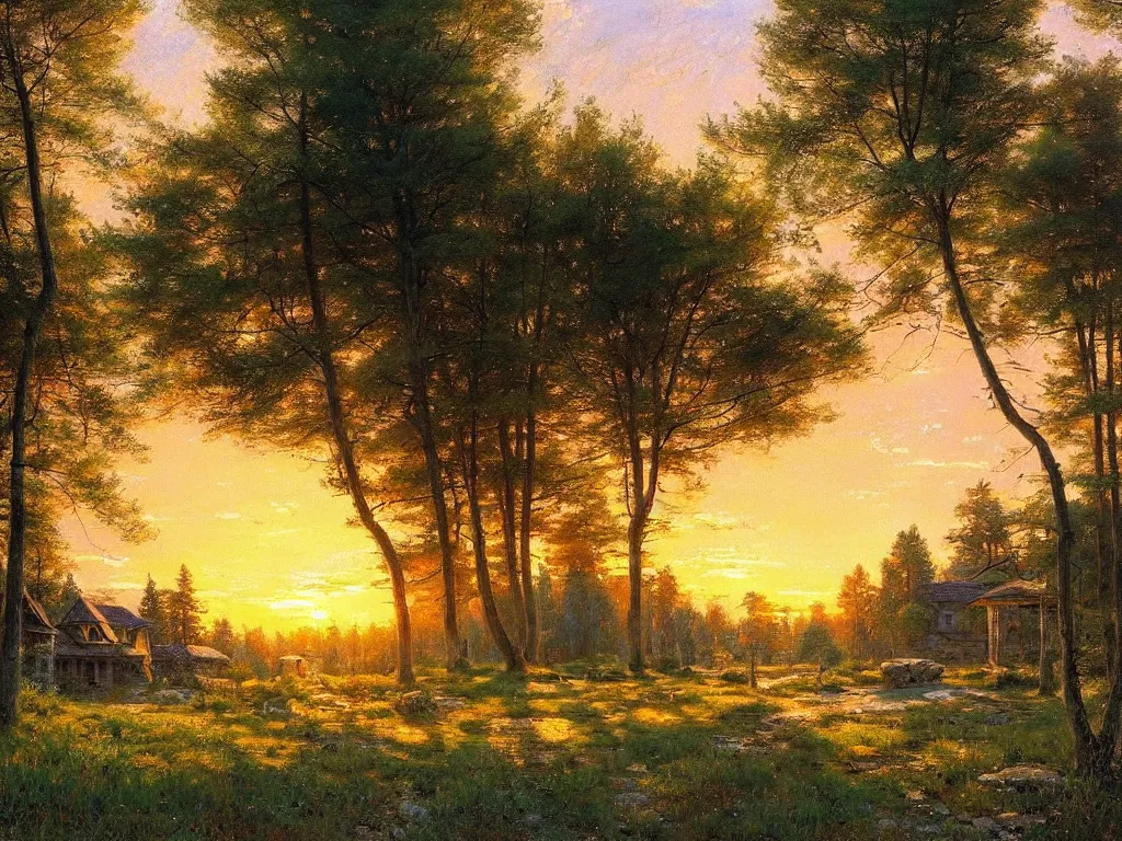 Prompt: beautiful landscape house in the village summer, evening, sun is going down warm color palette natural lighting, soft light, artstation high detailed, melancholy pastel art, oil on canvas by ivan shishkin and hayao miyazaki