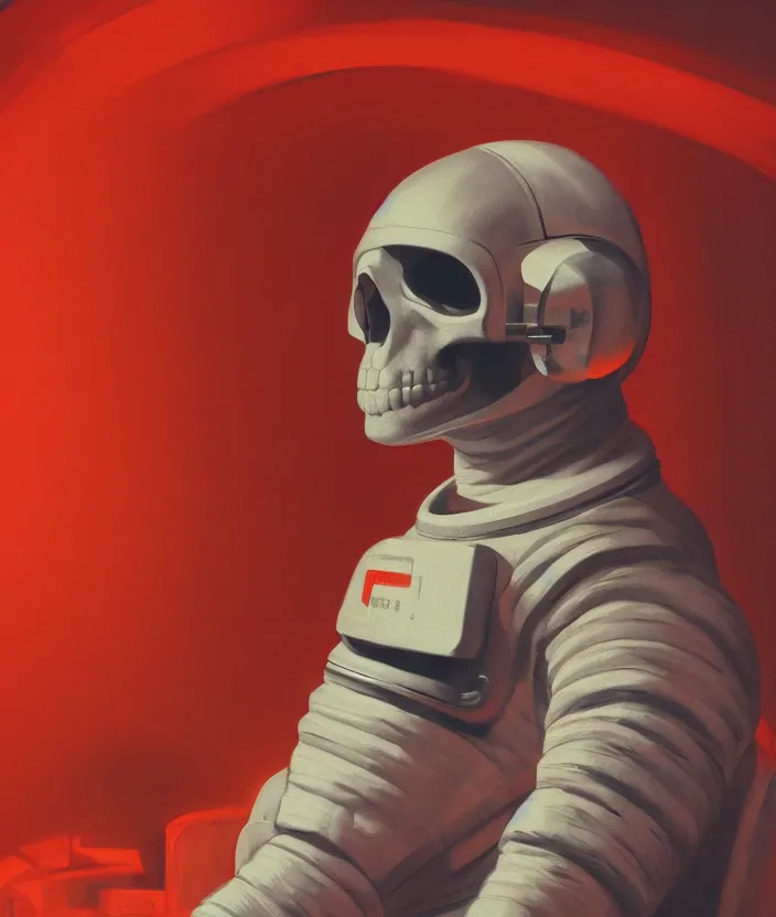 Prompt: a portrait of an astronaut, his head is a skull, the skull is screaming, mysterious, very aesthetic, cinematic and dramatic red light, in the style of edward hopper 4 k,