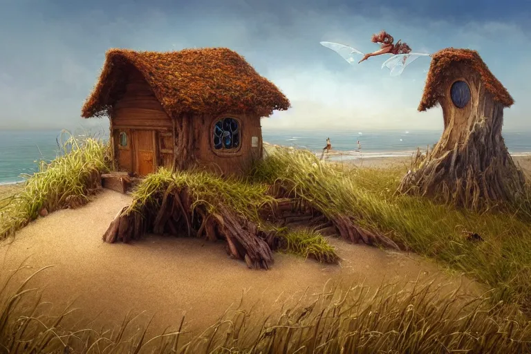 Prompt: wide angle view, a beautiful digital painting of a fairy house made of sand and driftwood on a beautiful coastline, bright sunny day, beach grasses, magical, by greg rutkowski, brian froud, marc simonetti, jean - baptiste monge, symmetry, complementary colors, ink illustration, trending on artstation